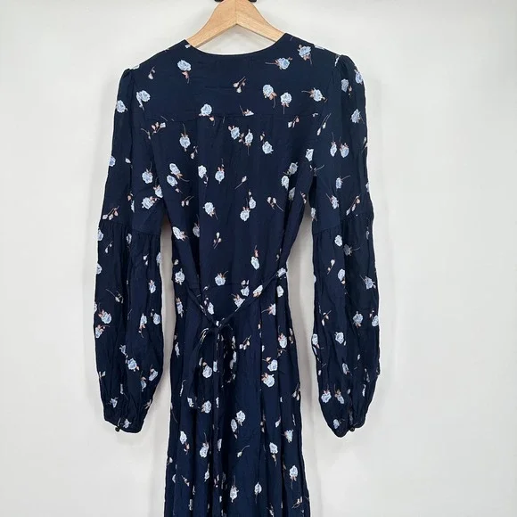 Christy Dawn Bergen Dress Midnight Rose Navy Blue Floral Wrap Midi Long Sleeve L - Picture 7 of 7